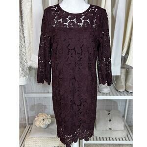 Loft Women's Sz 6 Dark Burgundy Purple 3/4 Sleeve Lace Sheath Dress  #0524